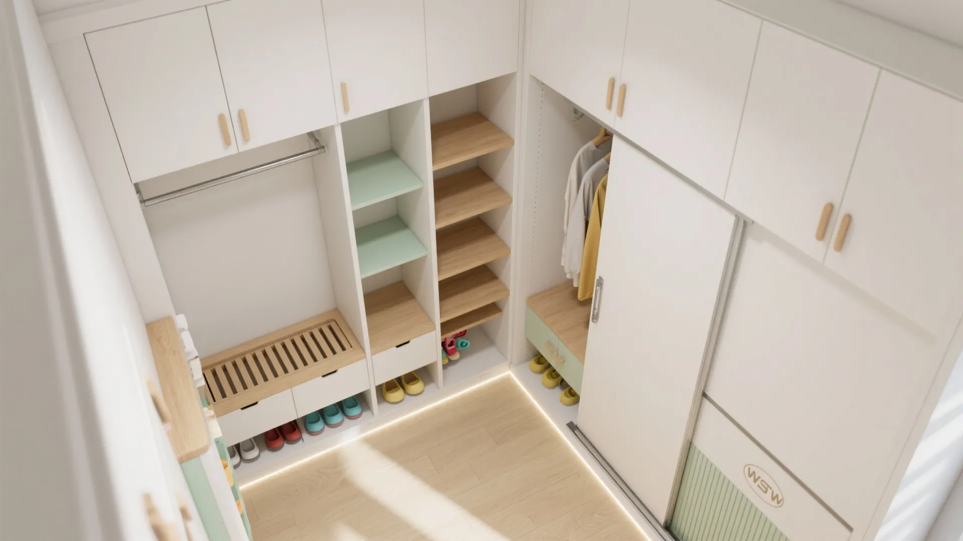 Modern white walk-in closet with wooden shelves and storage for shoes clothes and organizing items
