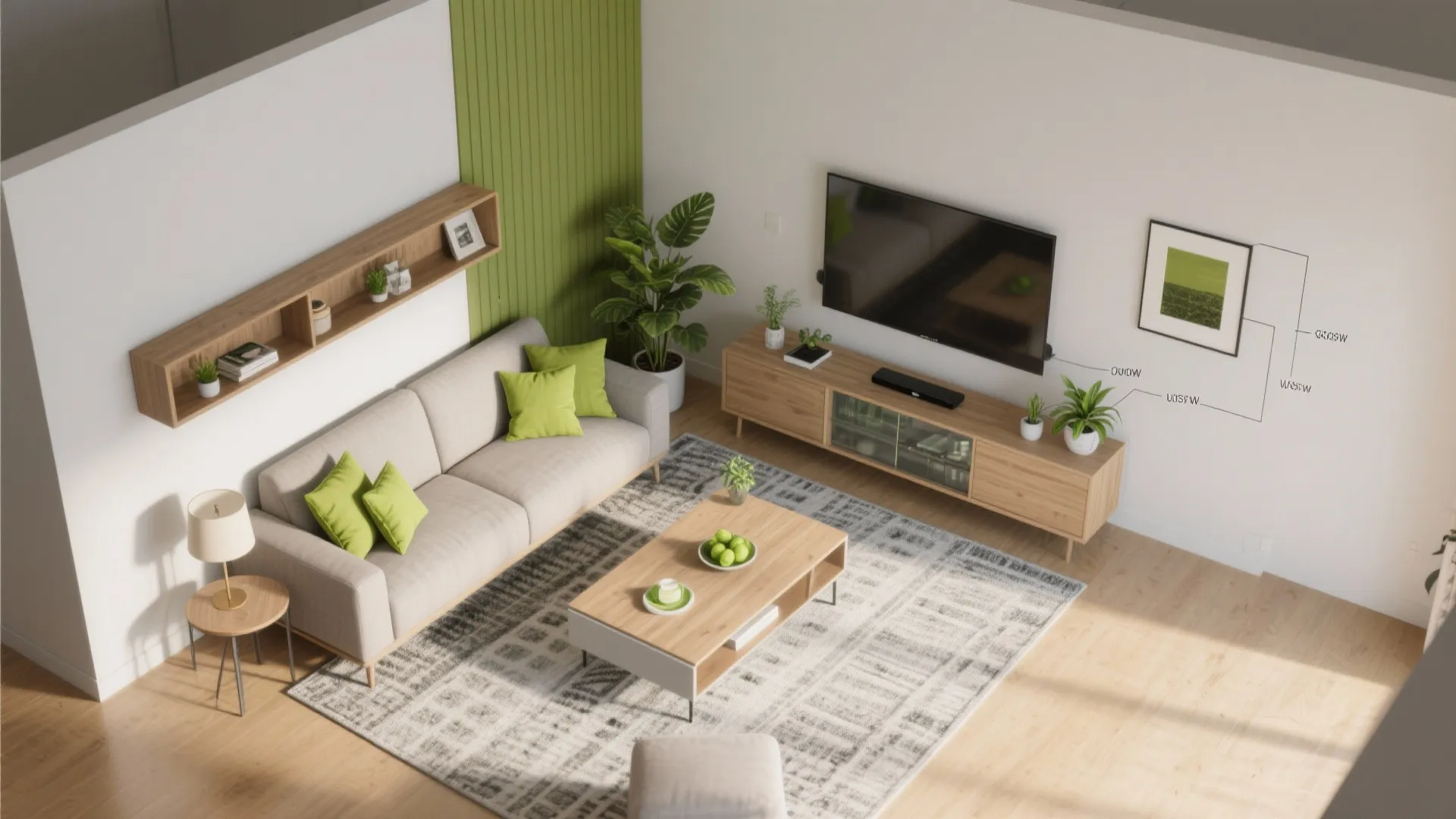 Top-down render of a small living room showing sofa, rug, console, accent wall zone, and suggested lime accent placements.