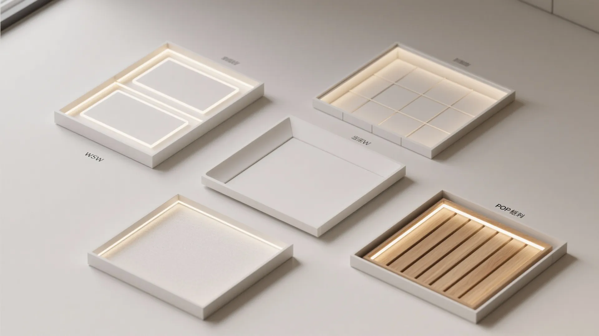 Interior design drawing showing five different ceiling light tray models with wood and hidden lights