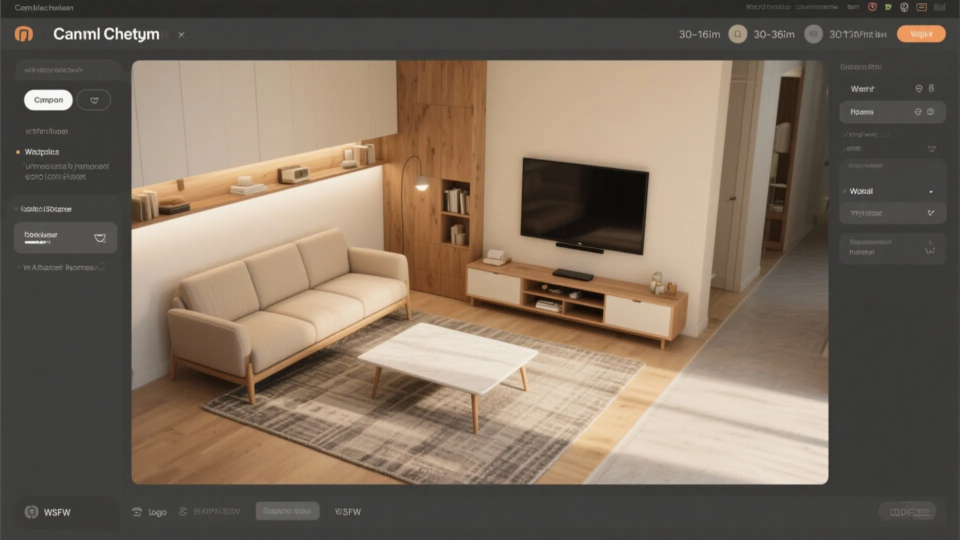 Interior design drawing software interface showing a living room with sofa table and wooden cabinet