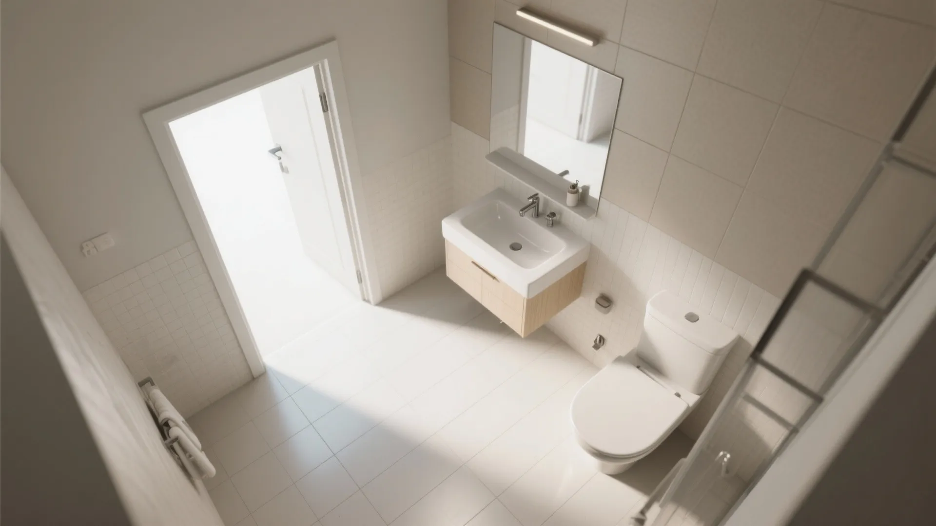Top down view of small white bathroom with sink cabinet toilet open door and mirror