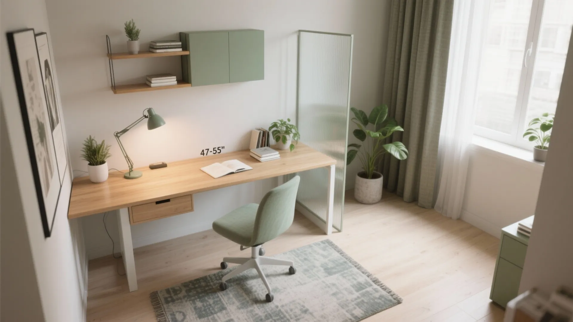 Top view of a wooden desk with green chair wall cabinet and small glass partition