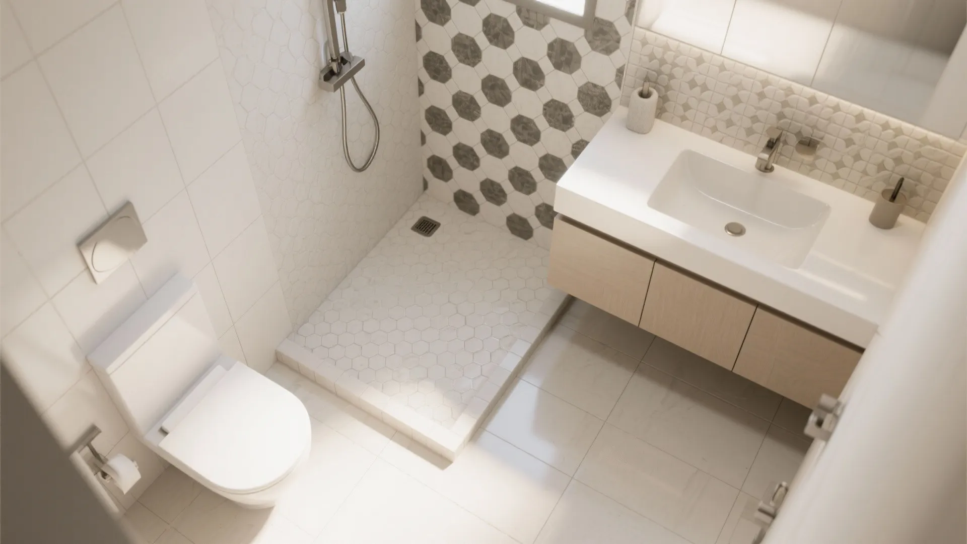 Modern bathroom top view with white toilet wooden cabinet shower area and grey hexagon wall tiles