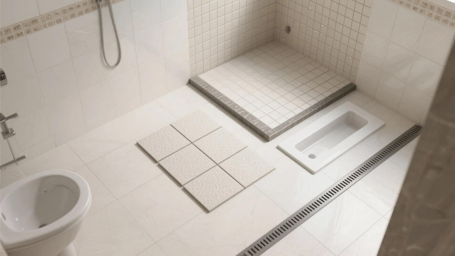 Top down interior design drawing of a white bathroom showing toilet shower area and tiles