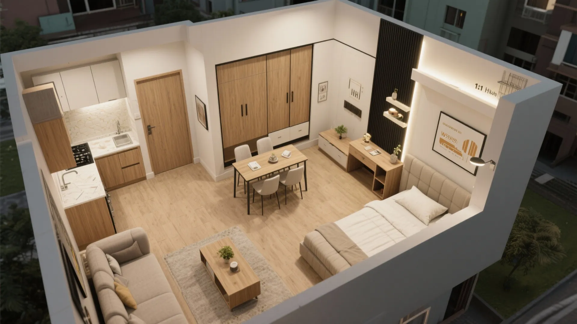 Top view of a studio apartment floor plan with kitchen dining area bedroom and small sofa