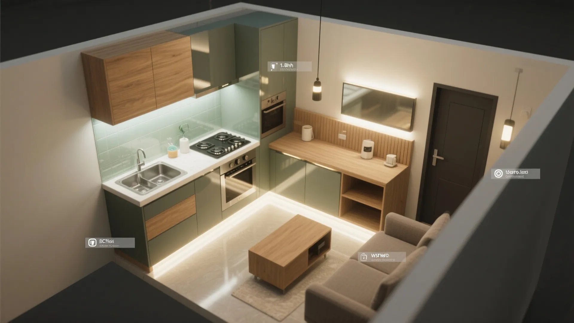 Top down view of small apartment showing green kitchen cabinets sofa wooden table and floor lighting