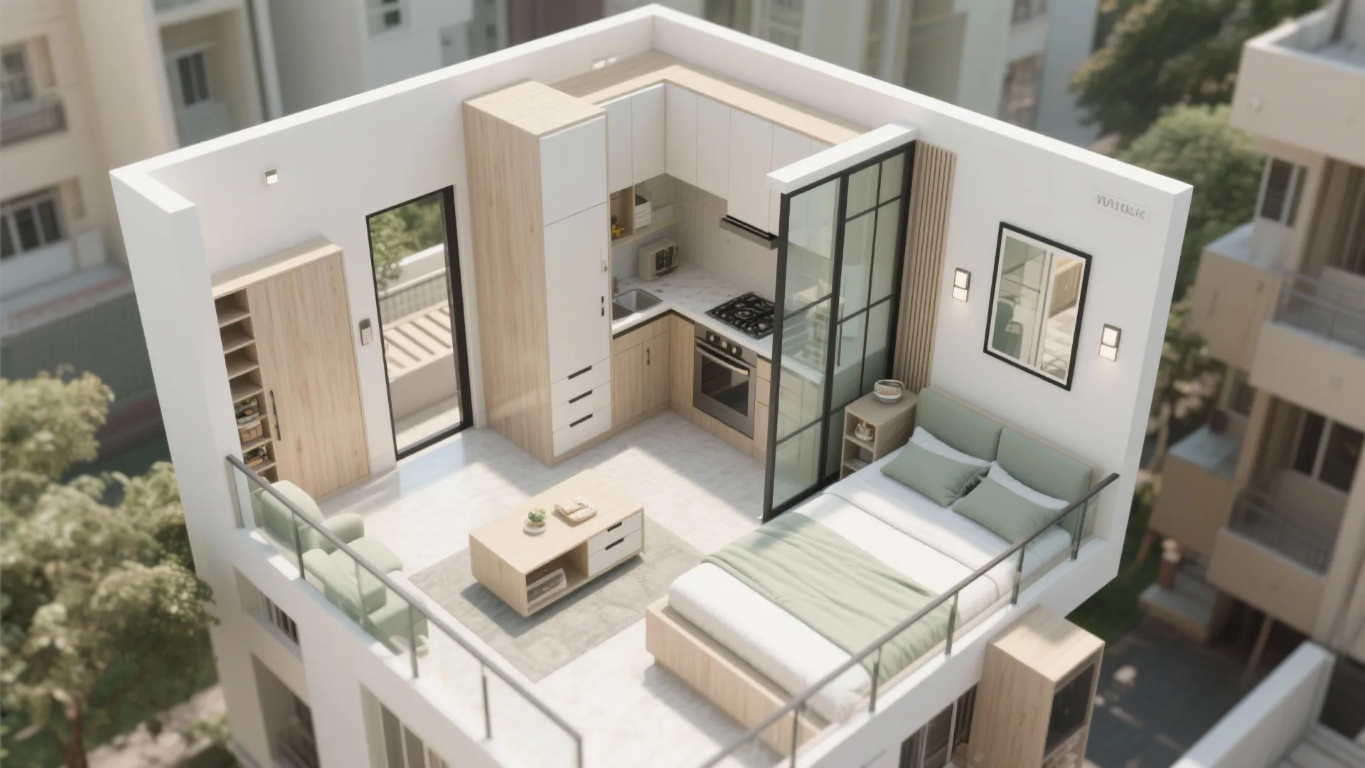 Top-down interior design drawing of small studio apartment showing kitchen area bed and outdoor balcony