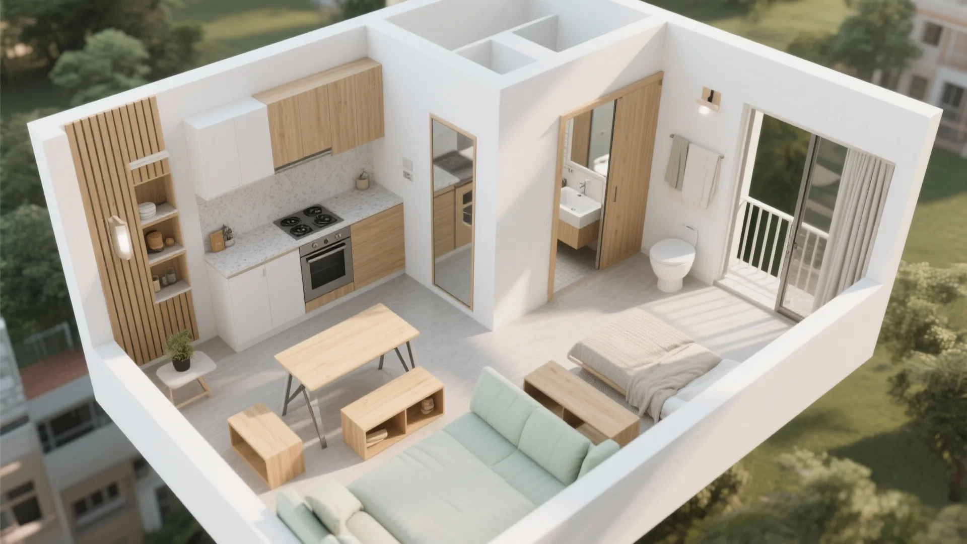 Top view interior design drawing of small apartment with kitchen bathroom bedroom and green living sofa