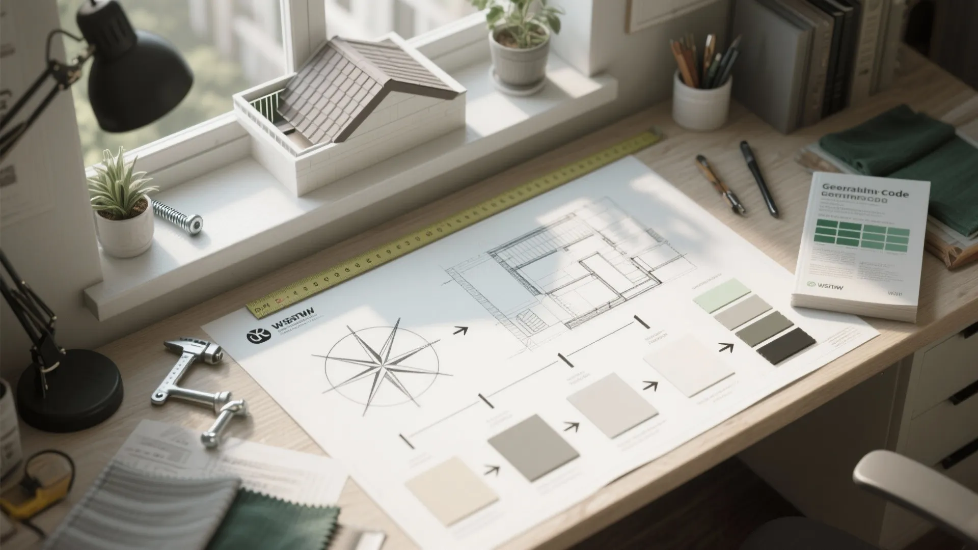 Interior design drawing on a wooden desk with color samples house model and black lamp