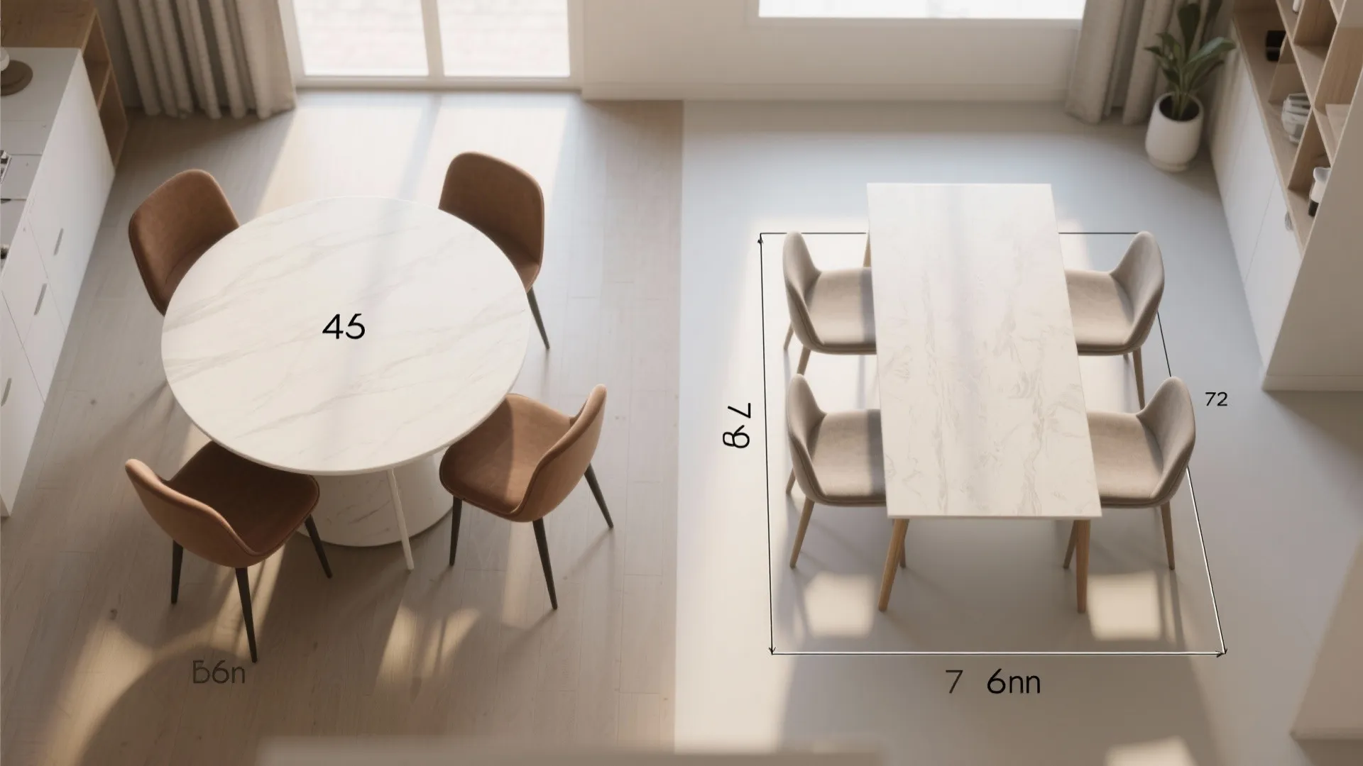 Top down view comparing a round marble dining table versus a rectangular marble dining table
