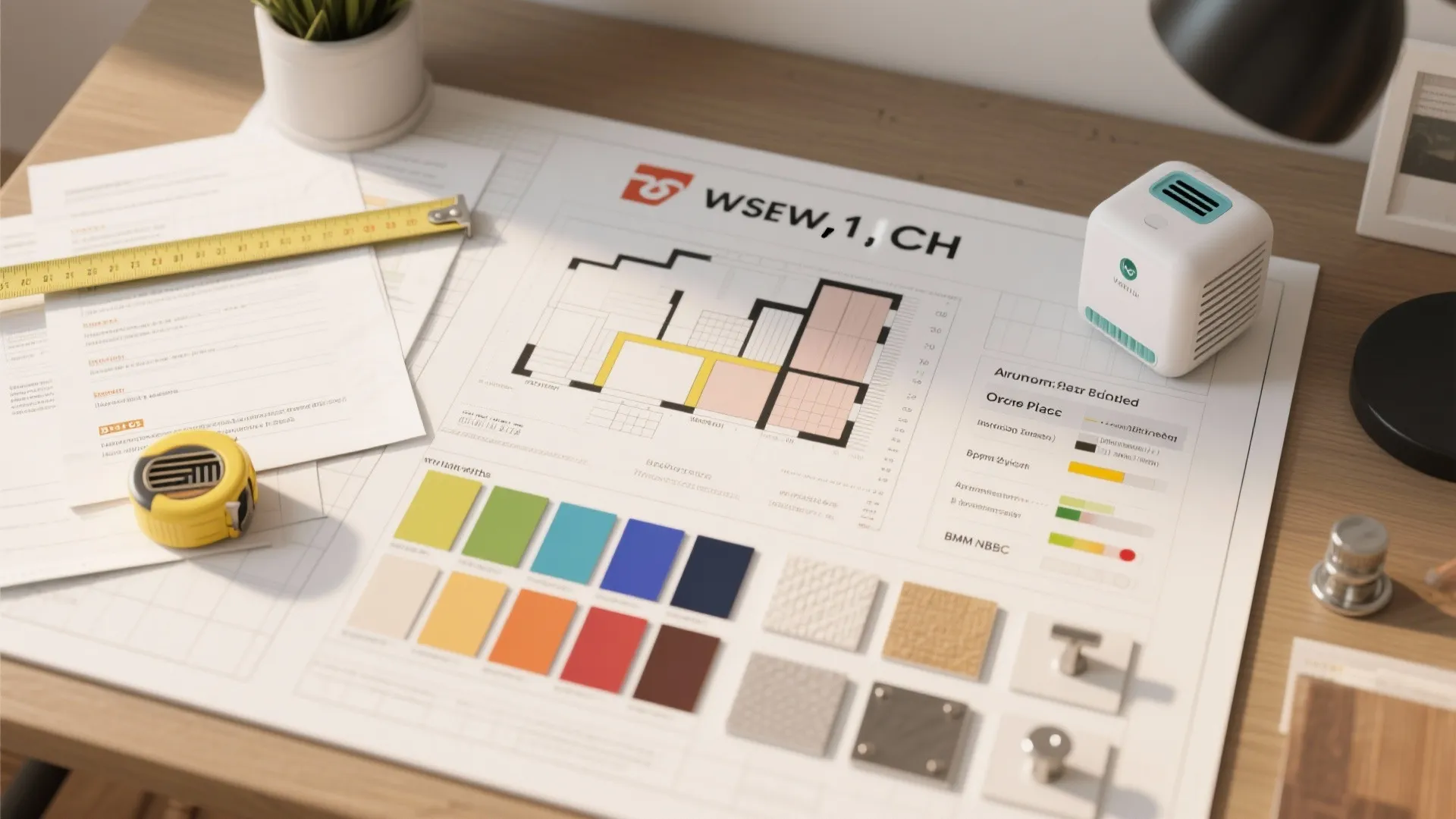 Interior design drawing on desk with color swatches material samples yellow tape measure and small device