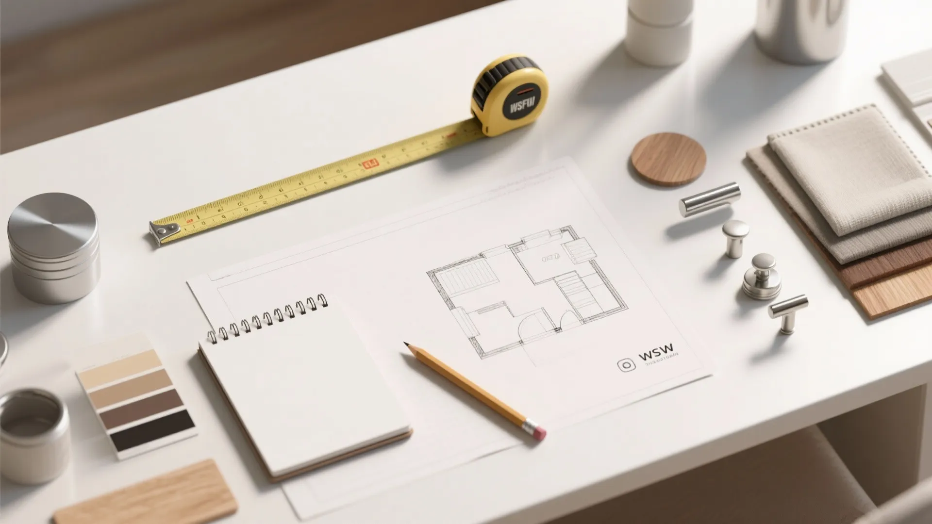 Interior design workspace with floor plan drawing pencil yellow tape measure notebook and color swatches
