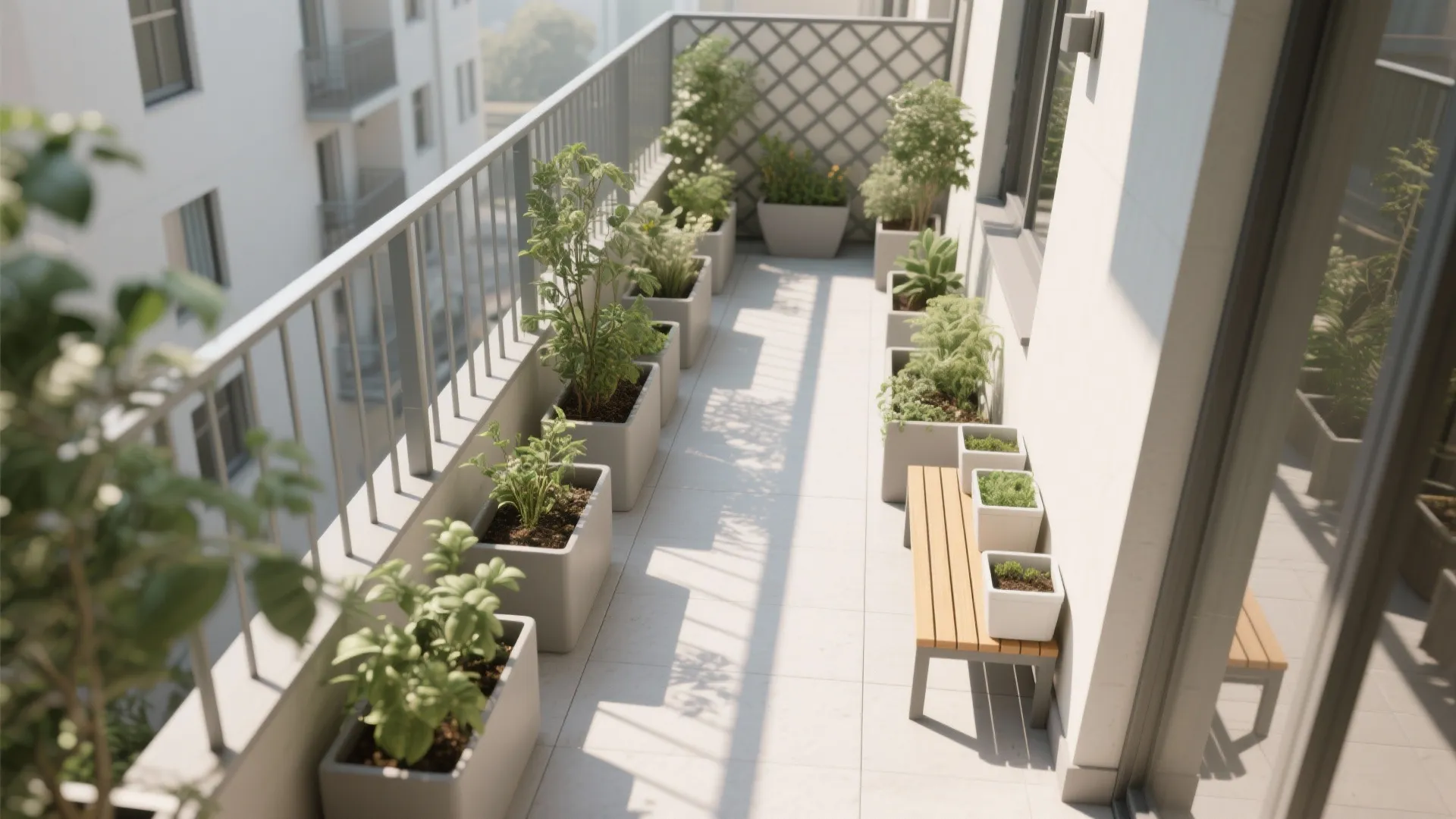 Narrow balcony garden design with many white plant pots a wooden bench and white floor