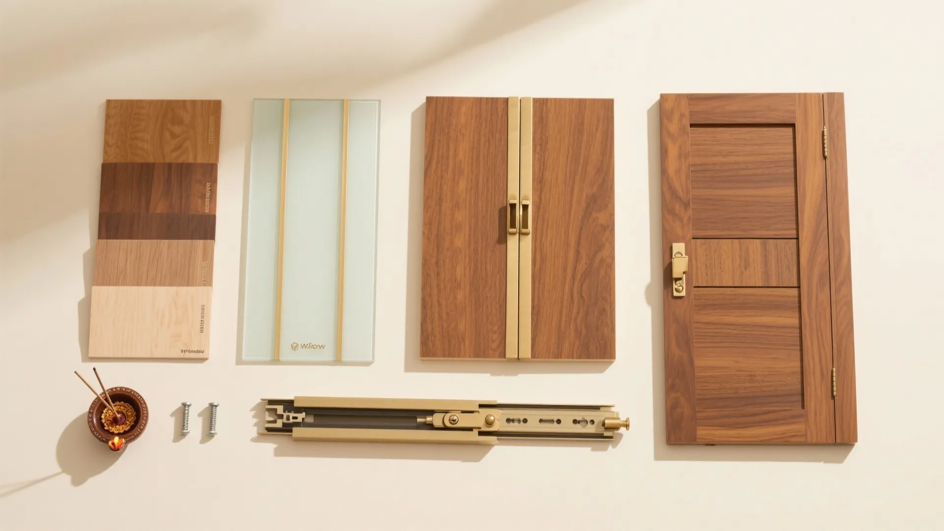 Top view of wooden door samples glass panels metal hardware and small screws on light background
