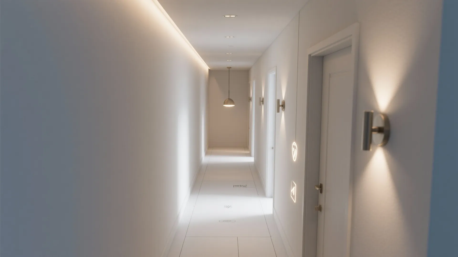 Bright white corridor featuring several wall lights and a single hanging ceiling light at end