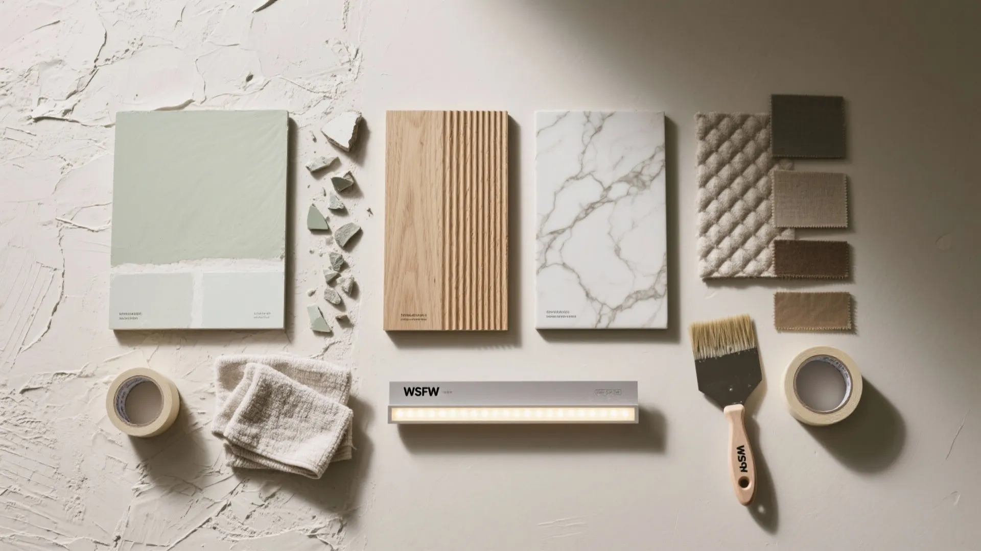 Interior design mood board with wood panel marble tile fabric samples paint brush and light fixture
