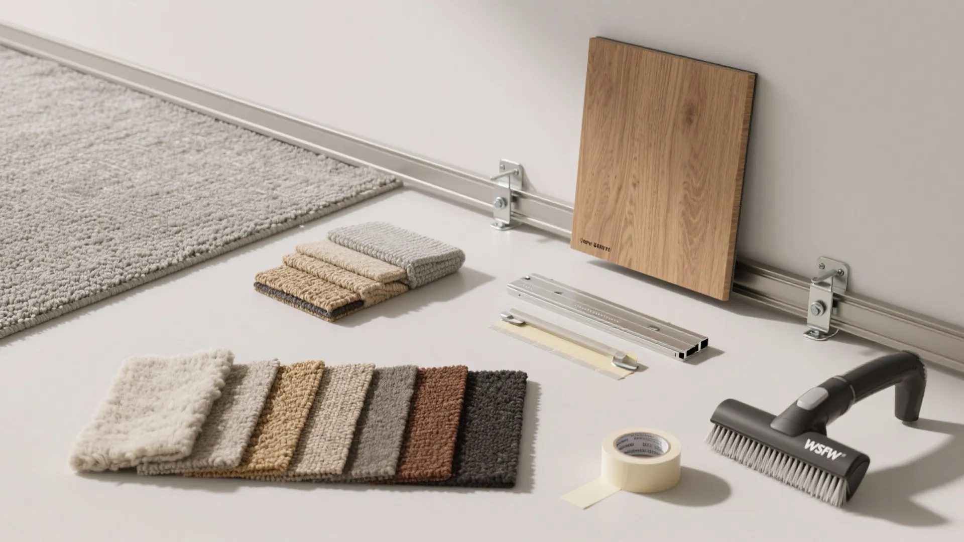 Interior design materials including carpet samples wooden board tape and a cleaning brush on white floor