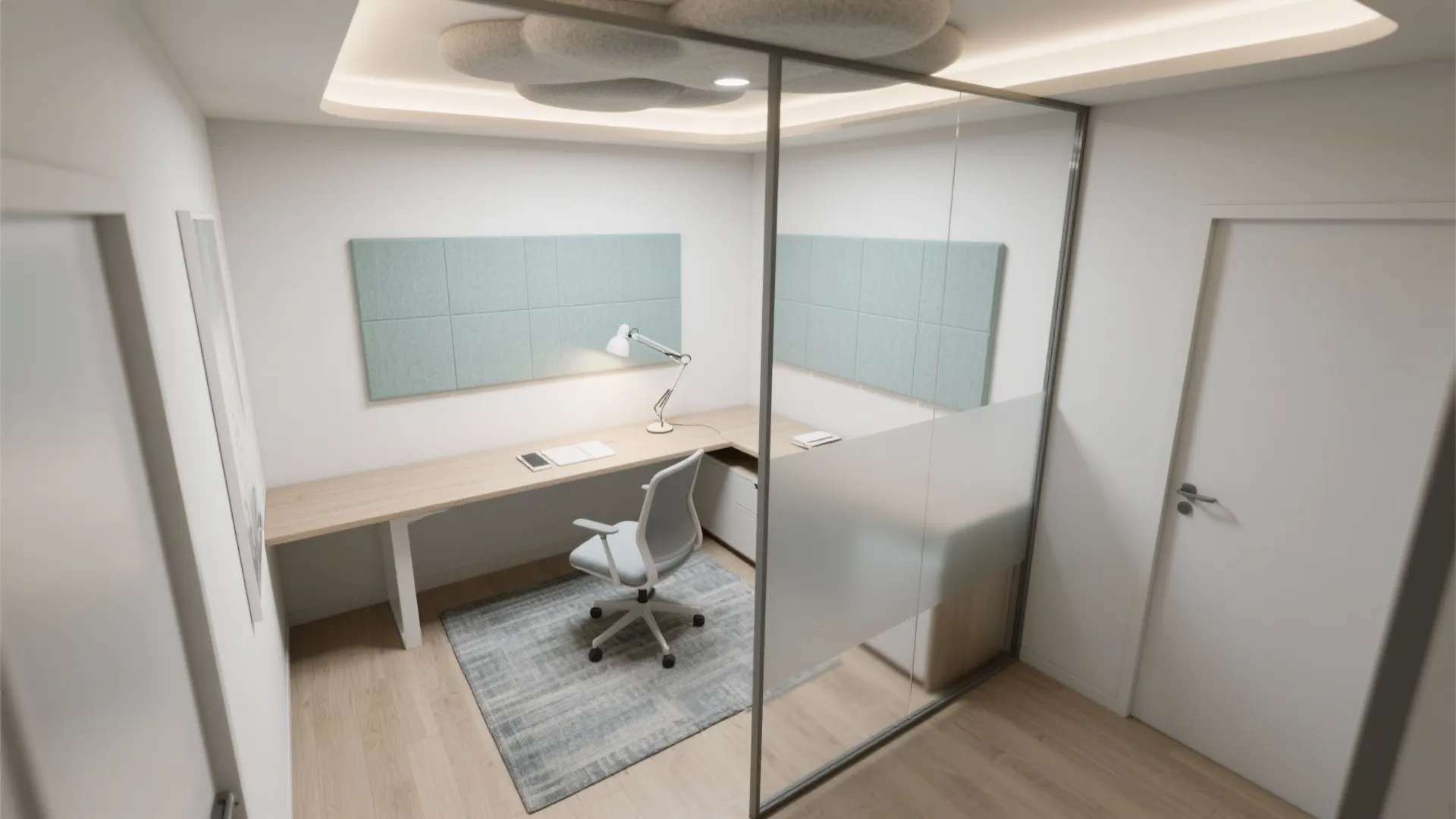 Top down view of a modern private office with desk chair wall panels and glass partition