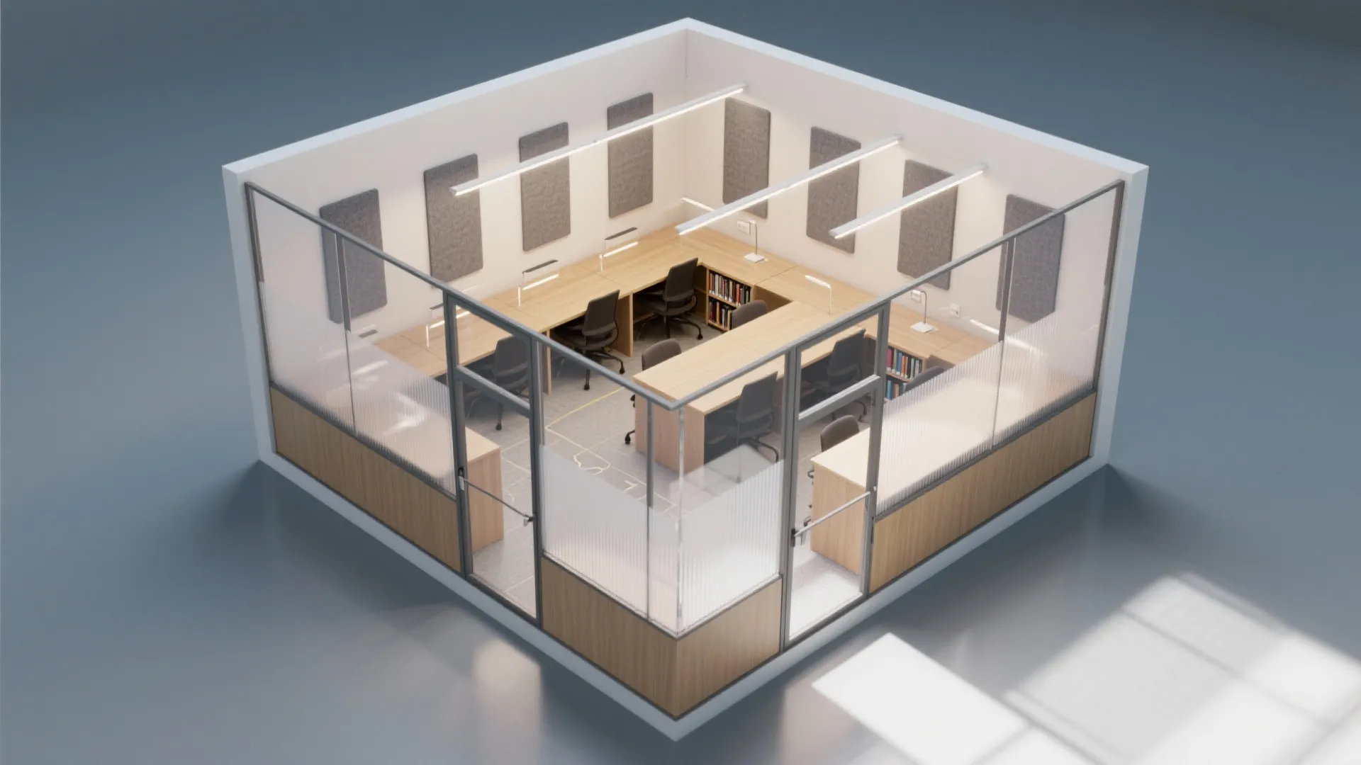 Office interior design drawing showing glass walls wooden desks black chairs and bright white lights