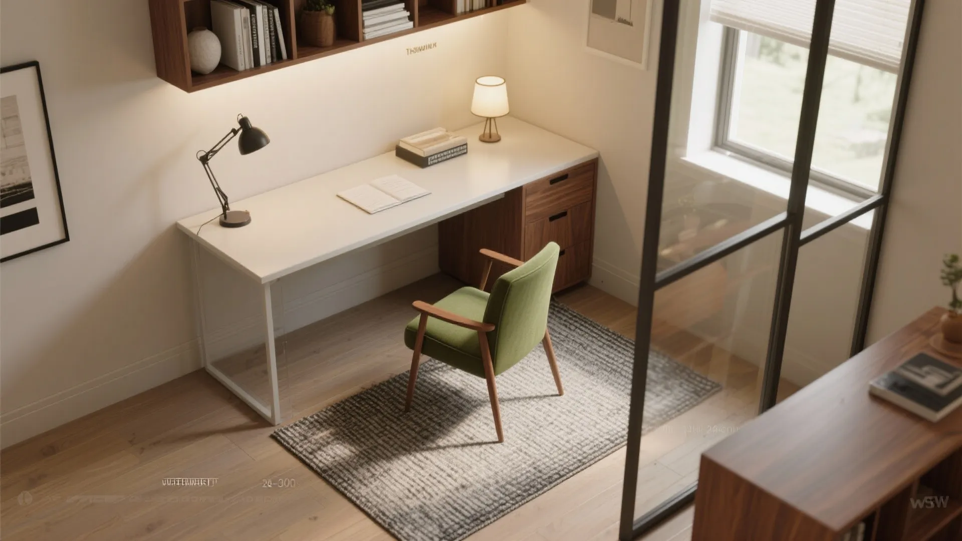 Top view of white desk with green chair small lamp and wall shelf with books