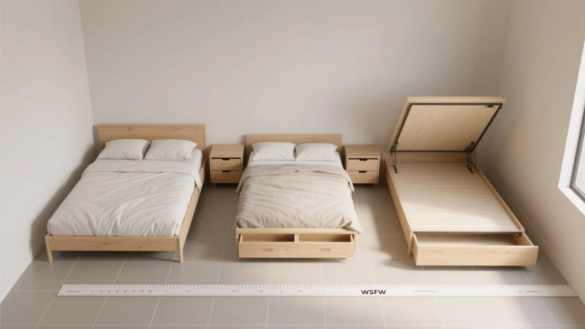Three wooden beds showing different storage features with open drawers and a lifted bed frame design
