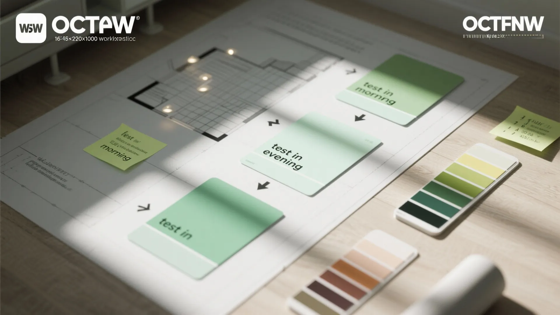 Floor plan design drawing on a desk with green color palettes and sticky notes showing