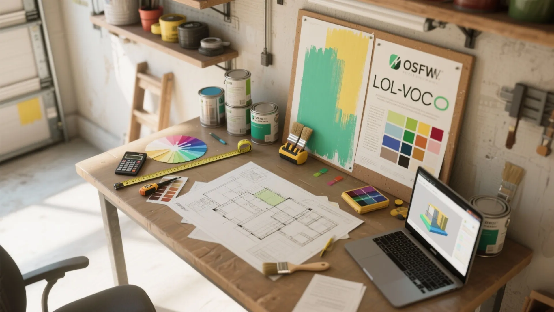 Wooden desk with floor plan paper color palette paint cans laptop and tools for renovation