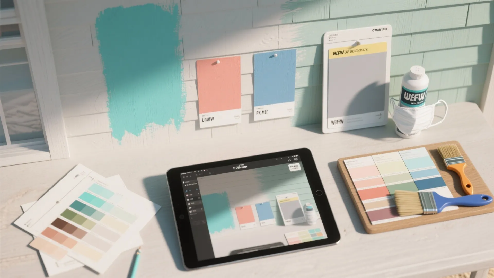 Top-down layout showing paint mockup on a tablet, wall swatches and UV-resistant sample board for exterior protection.