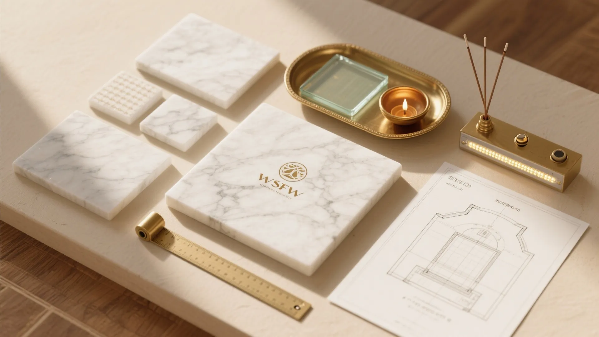 White marble tiles gold tray with candle interior design drawing and ruler on light table