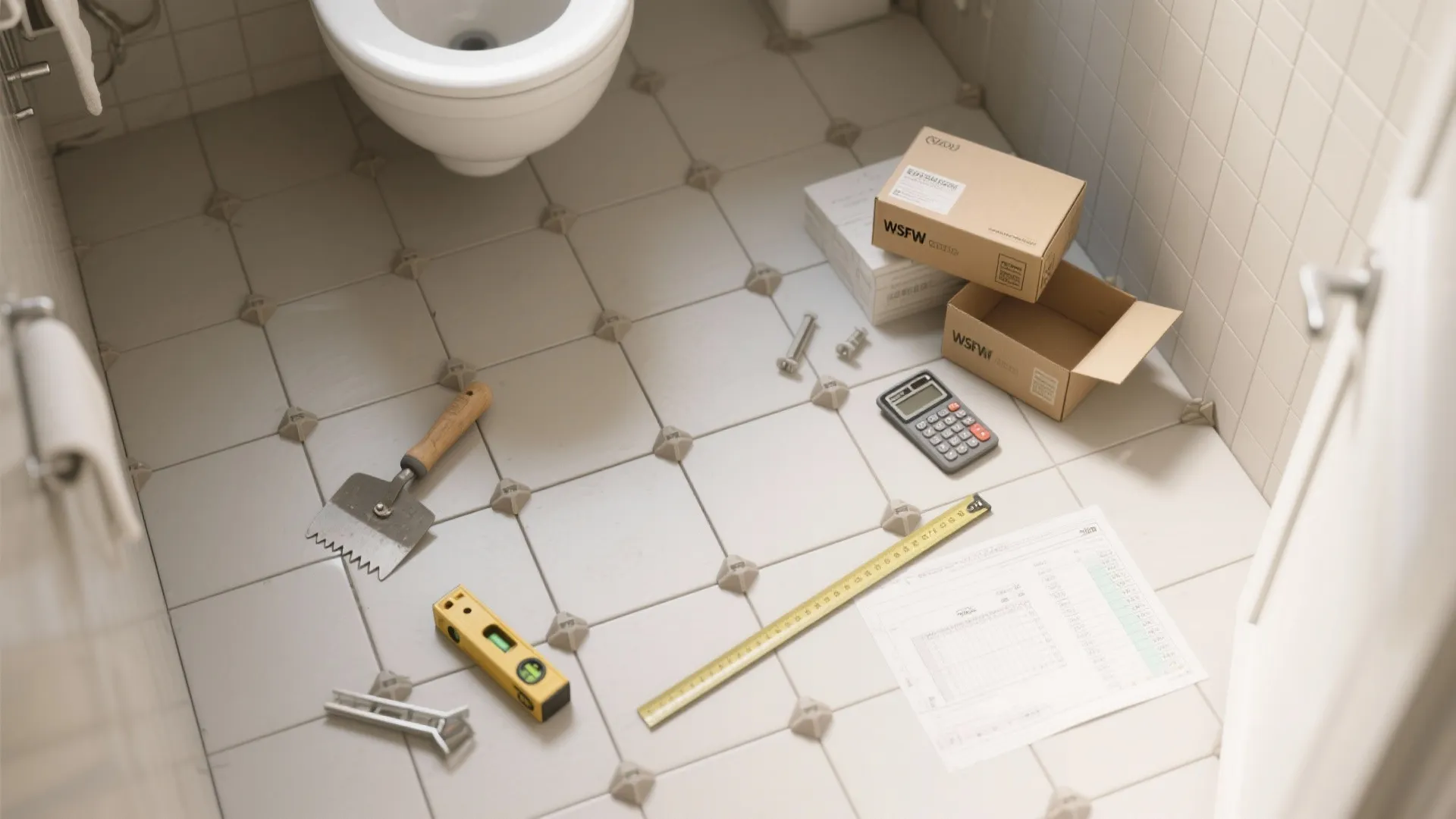 Top-down view of tiled bathroom floor with tools, spacers, and a calculator arranged for planning and budgeting.