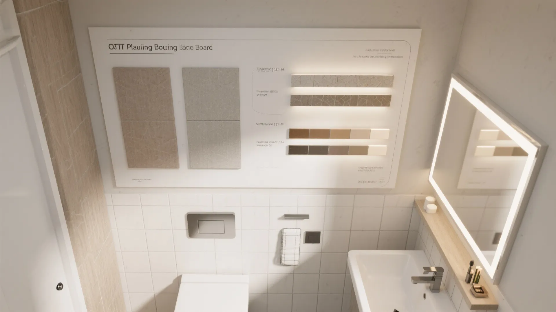 Top-down board with tile sizes, grout color sticks, and lighting layers for small bathroom wall planning in diffused daylight.