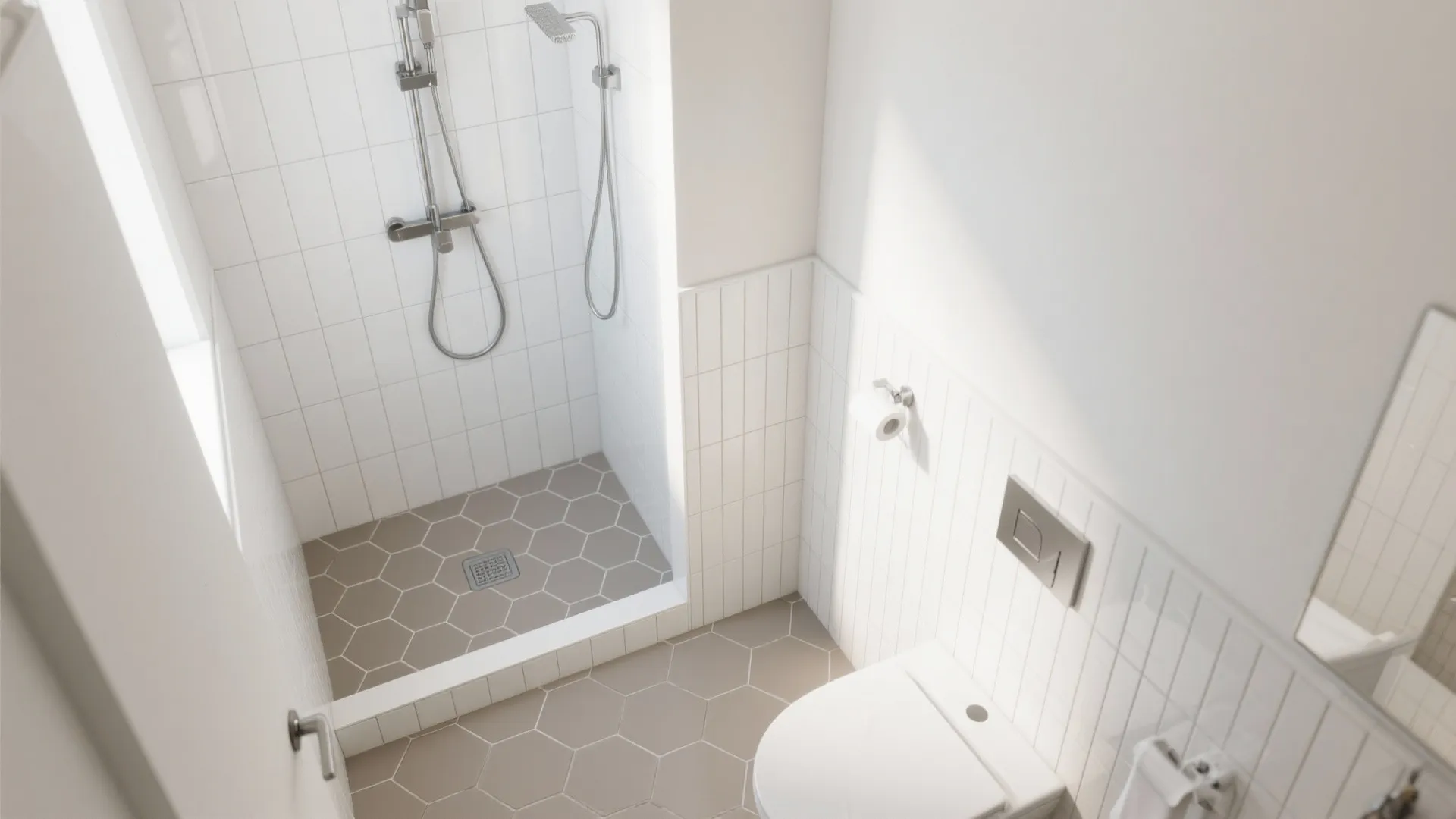 Top down view of small bathroom with hexagon floor tiles white shower area and white toilet