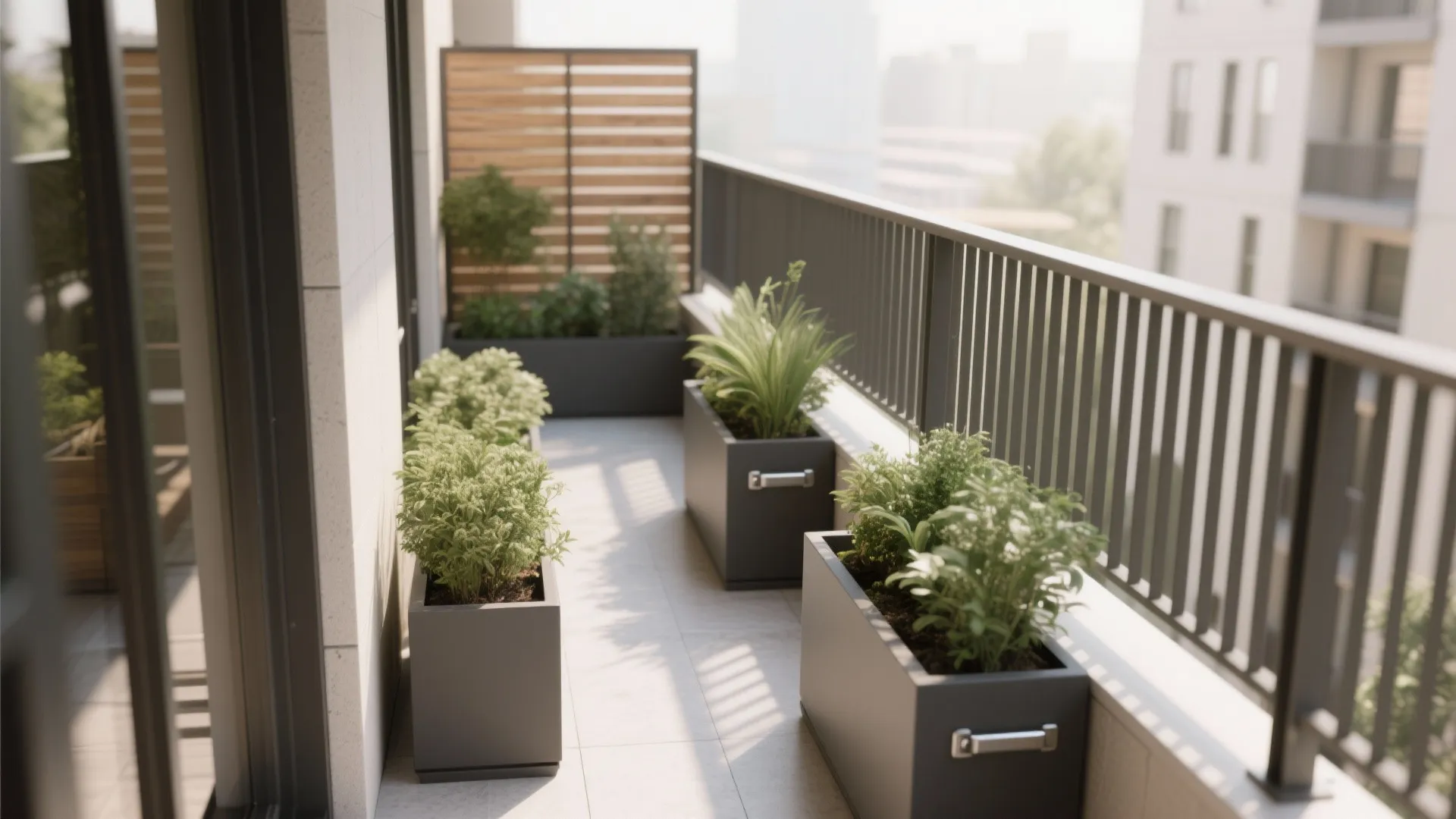 Top-down small balcony layout with modular railing planters, deep boxes near walls, and a low privacy screen.