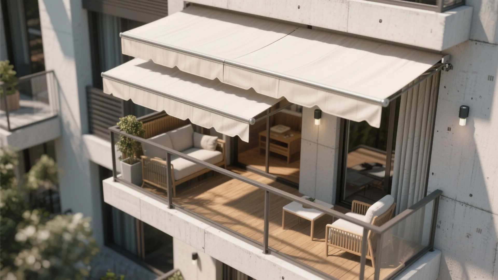 Top-down balcony plan layers a retractable awning and drop screens for wind and privacy control.
