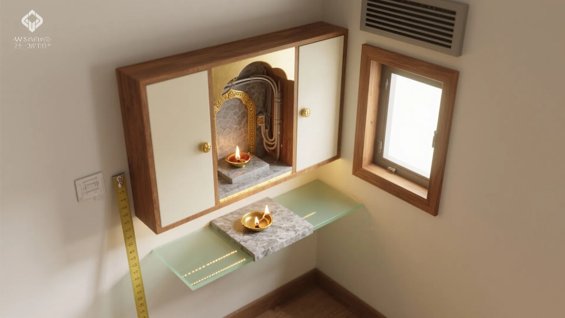 Wall mounted wooden cabinet with small oil lamps glass shelf and stone platform for prayer area
