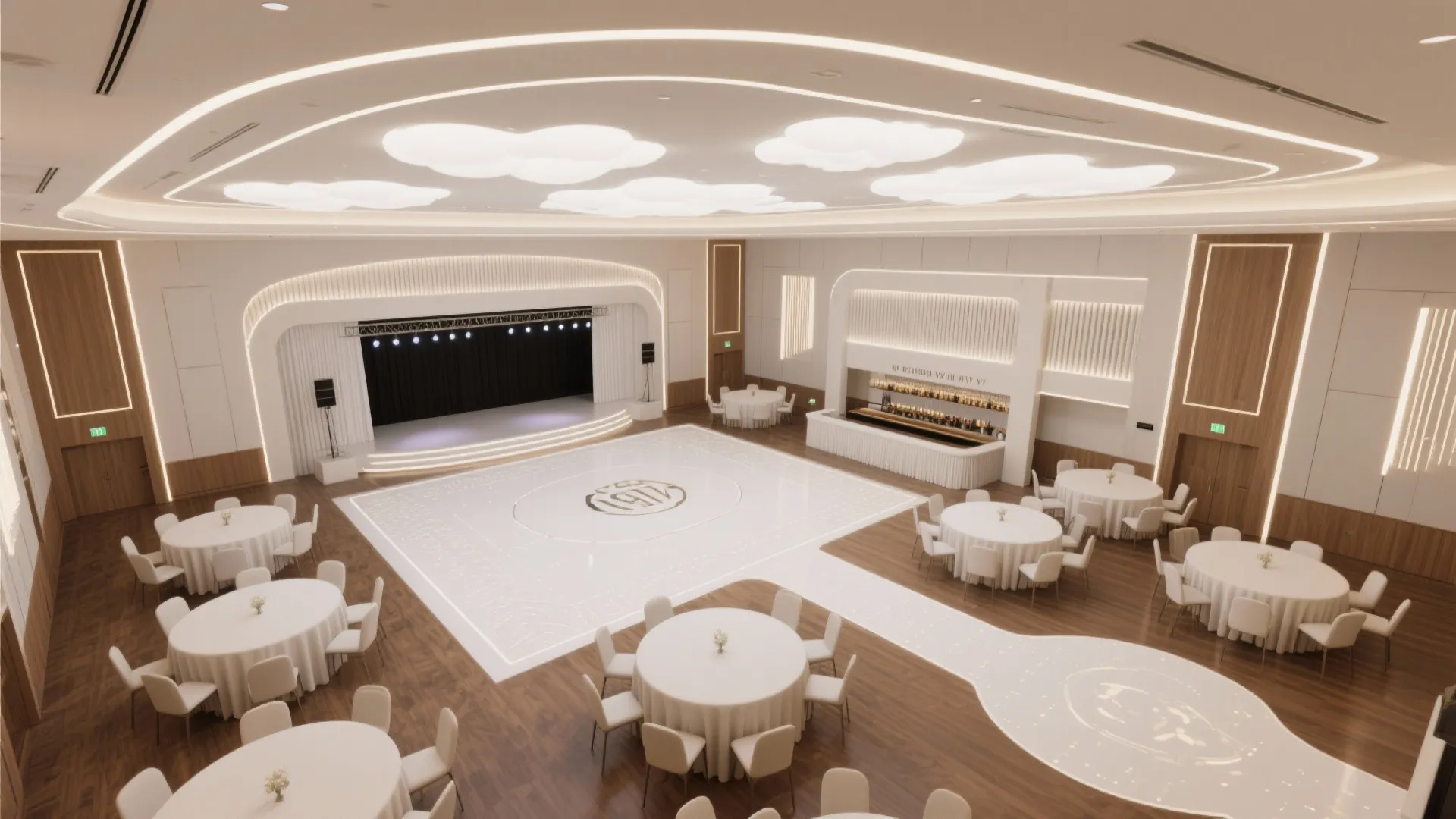 Modern event hall interior design drawing with stage dance floor bar and multiple round tables