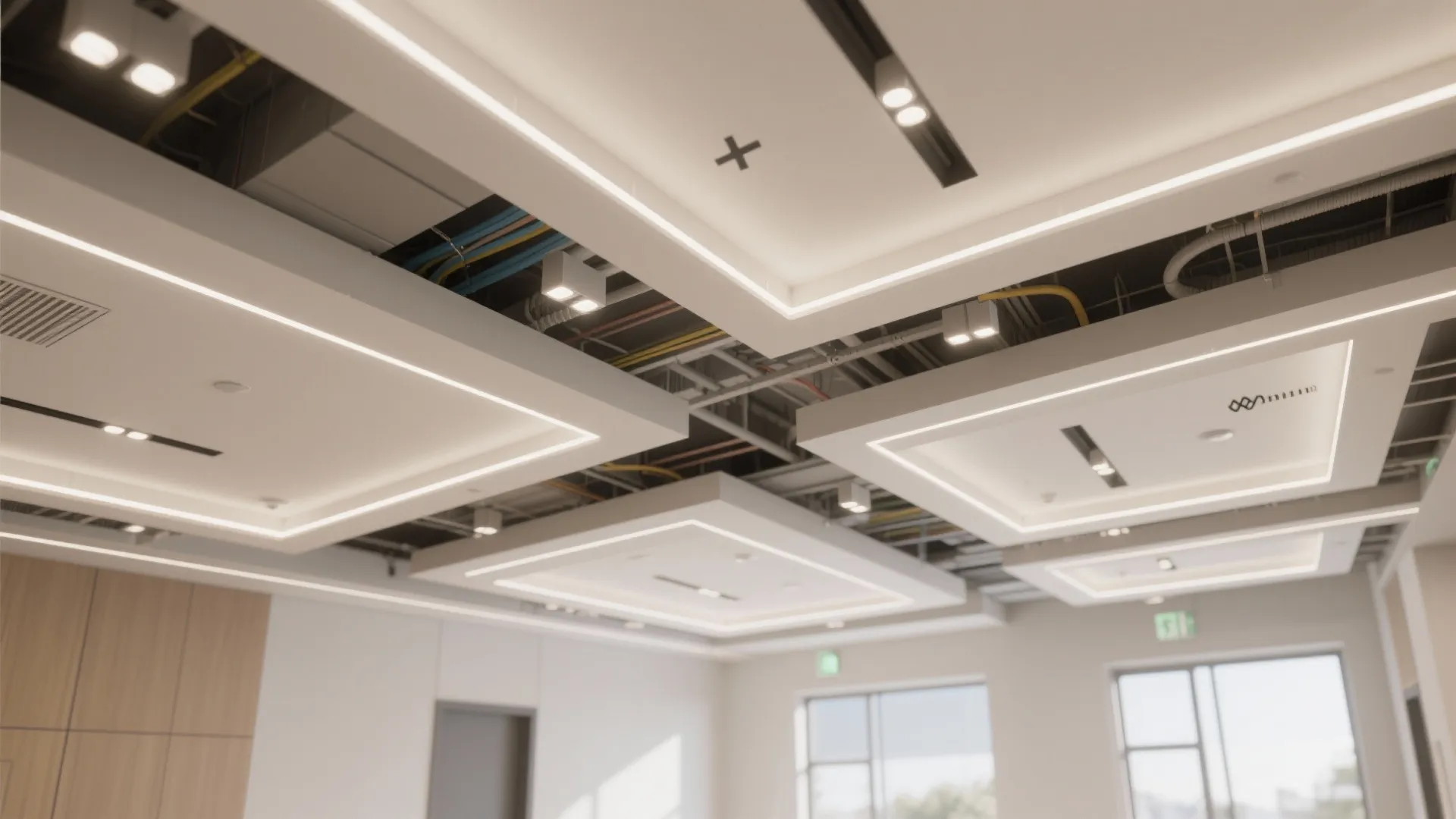 Modern office interior design drawing showing white ceiling light panels and exposed overhead building wires