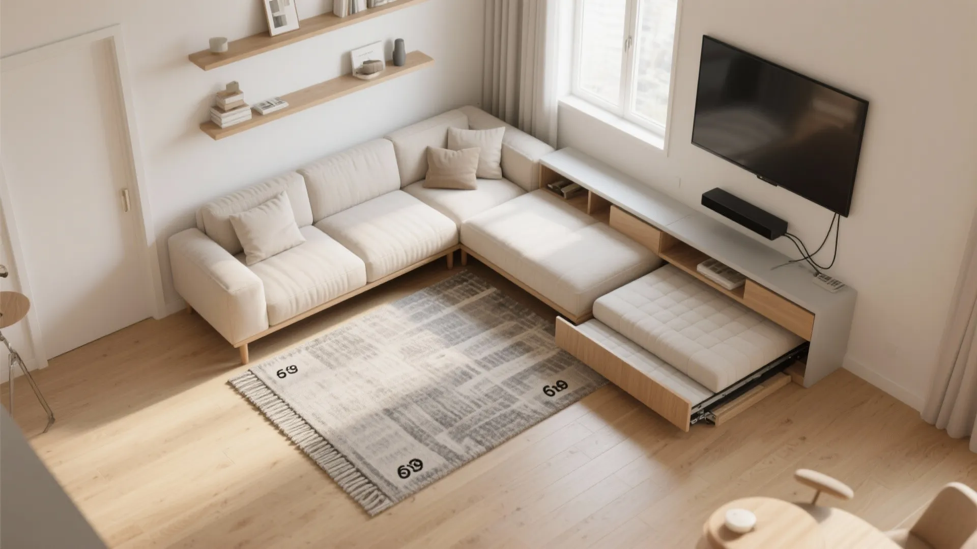 Top-down small living room layout showing sofa footprint, clear walkway, rug sizing, sleeper clearance, and cable routing.