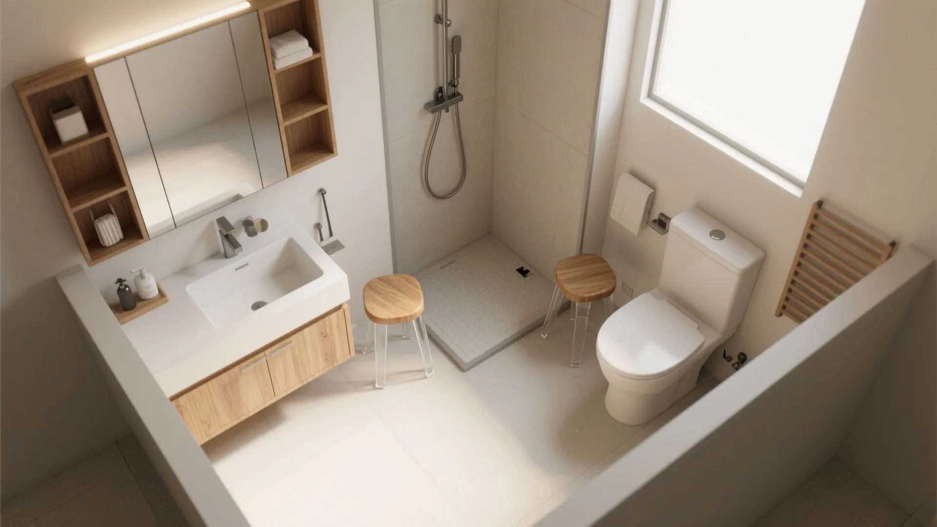 Top-down view of compact bathroom plan with suggested stool positions near vanity and shower, no labels.
