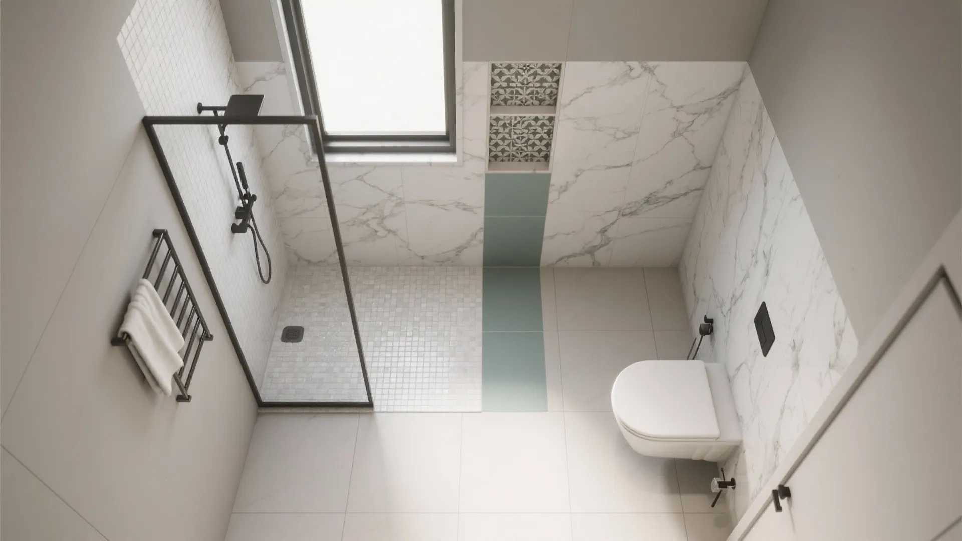 Top down interior design drawing of bathroom layout with shower glass toilet and marble panels