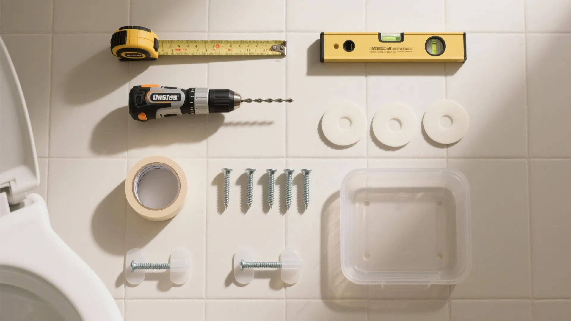 Top view of bathroom renovation tools including power drill tape measure level screws and masking tape