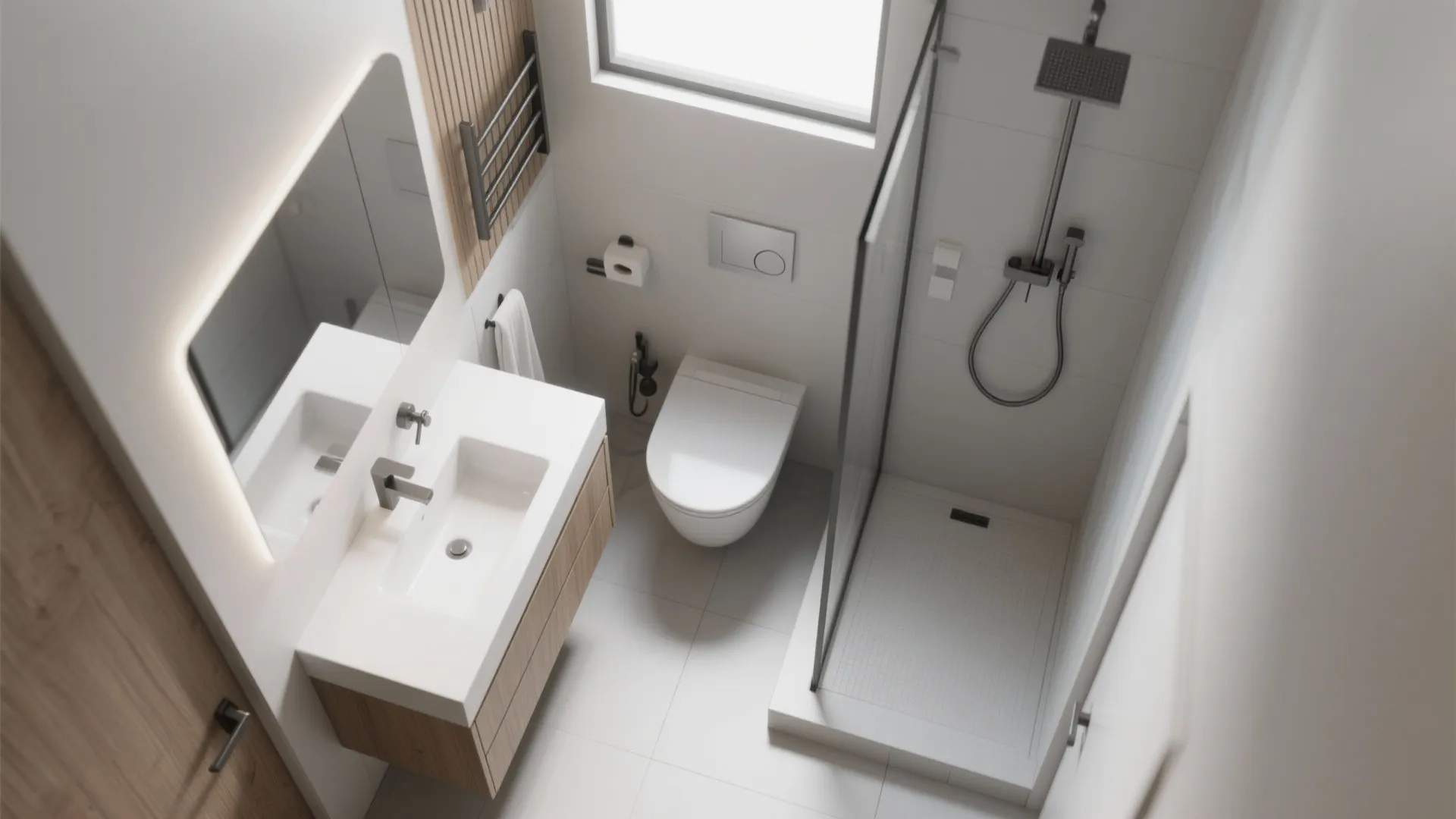 Top-down minimalist bathroom plan visualization of vanity, toilet, and shower for efficient circulation.