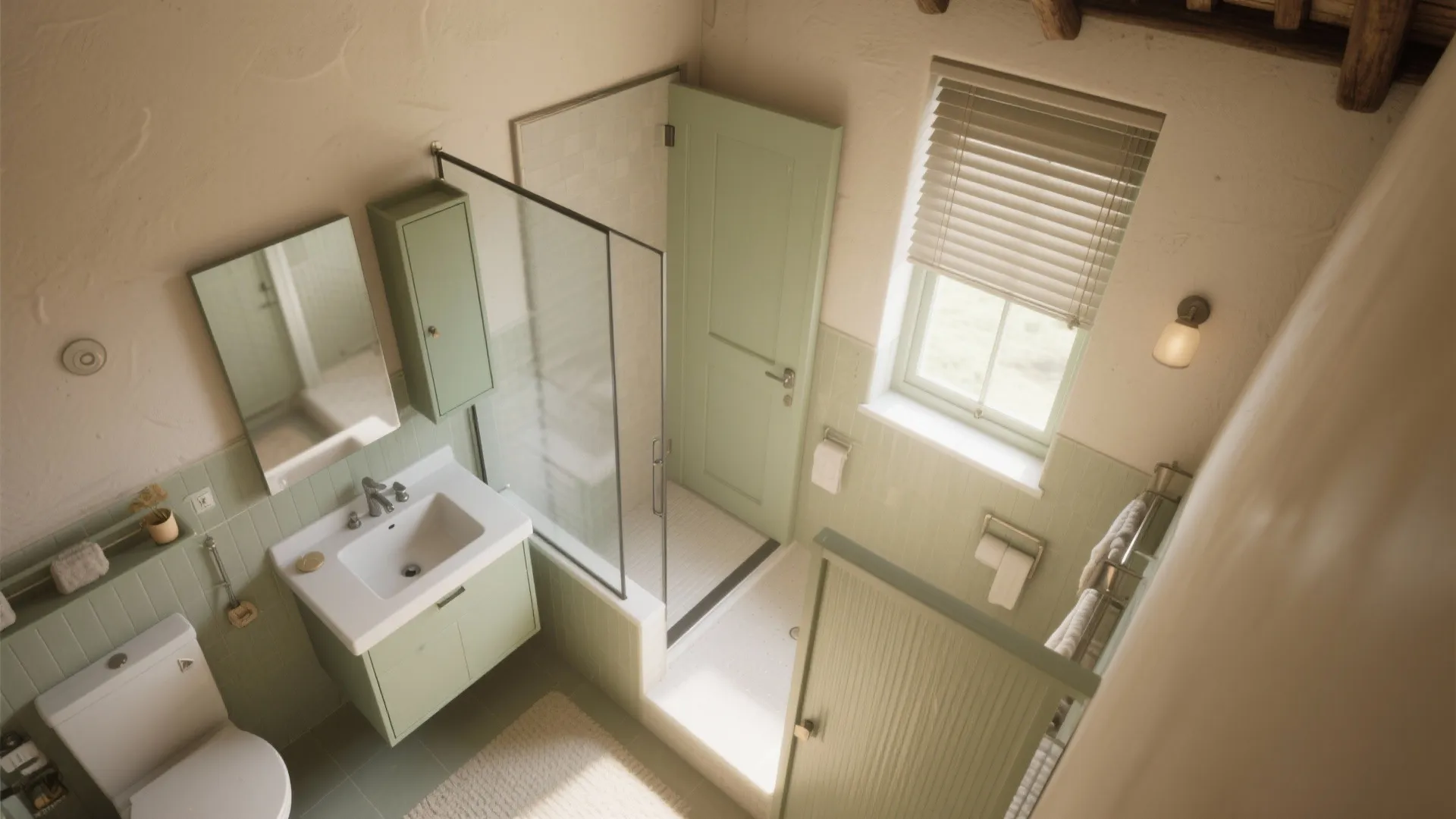 Top view of a small green bathroom with white sink toilet and glass shower door