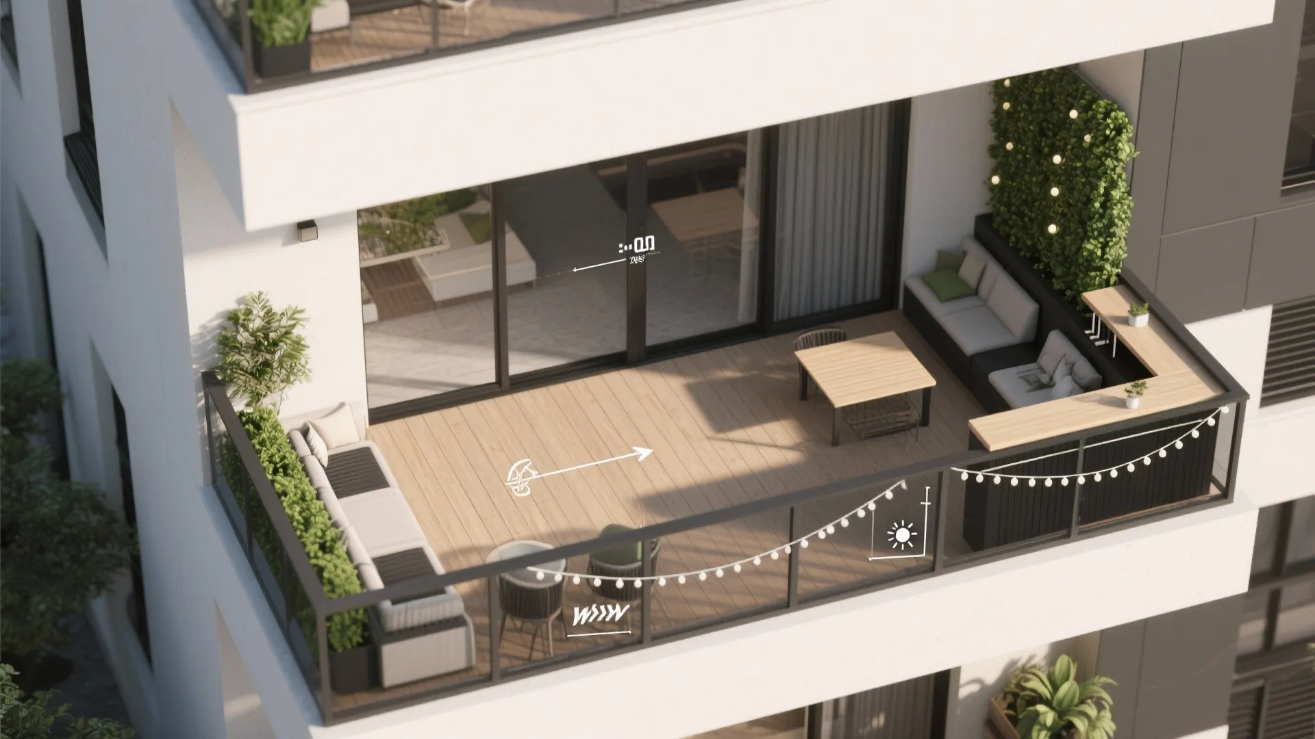 Modern balcony design with wooden floor, grey sofa, small table, green plants, and outdoor lights