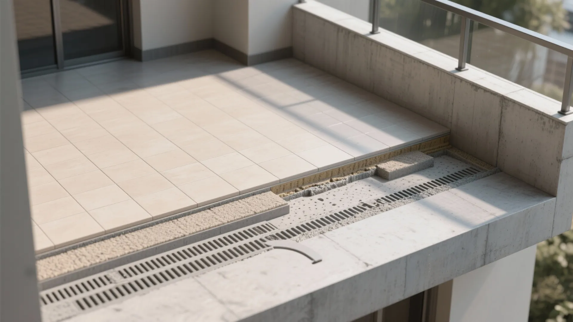 Interior design drawing showing layers of balcony flooring with tiles drainage system and concrete base
