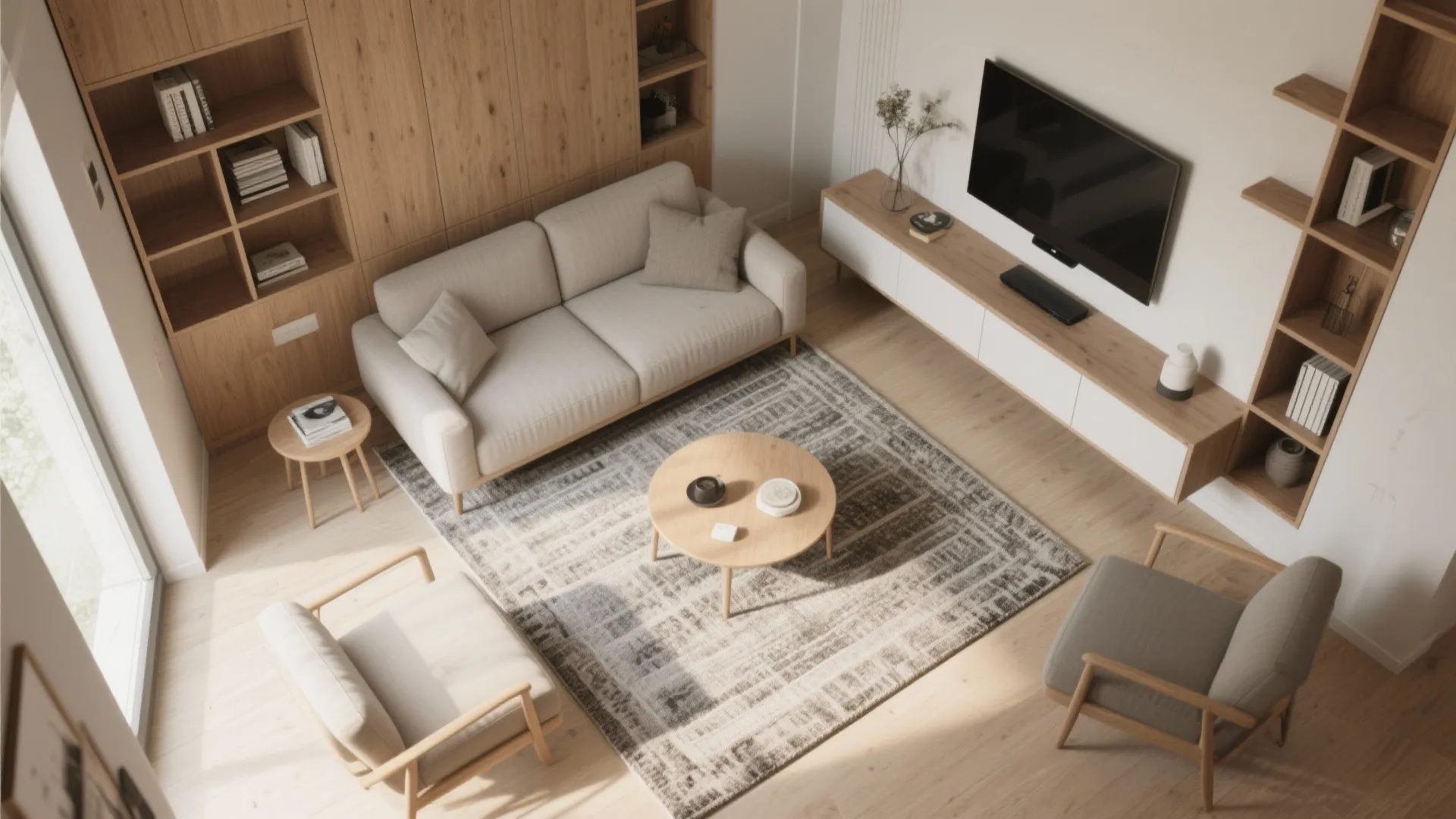 Top down view of a living room with cream sofa wood table and patterned rug
