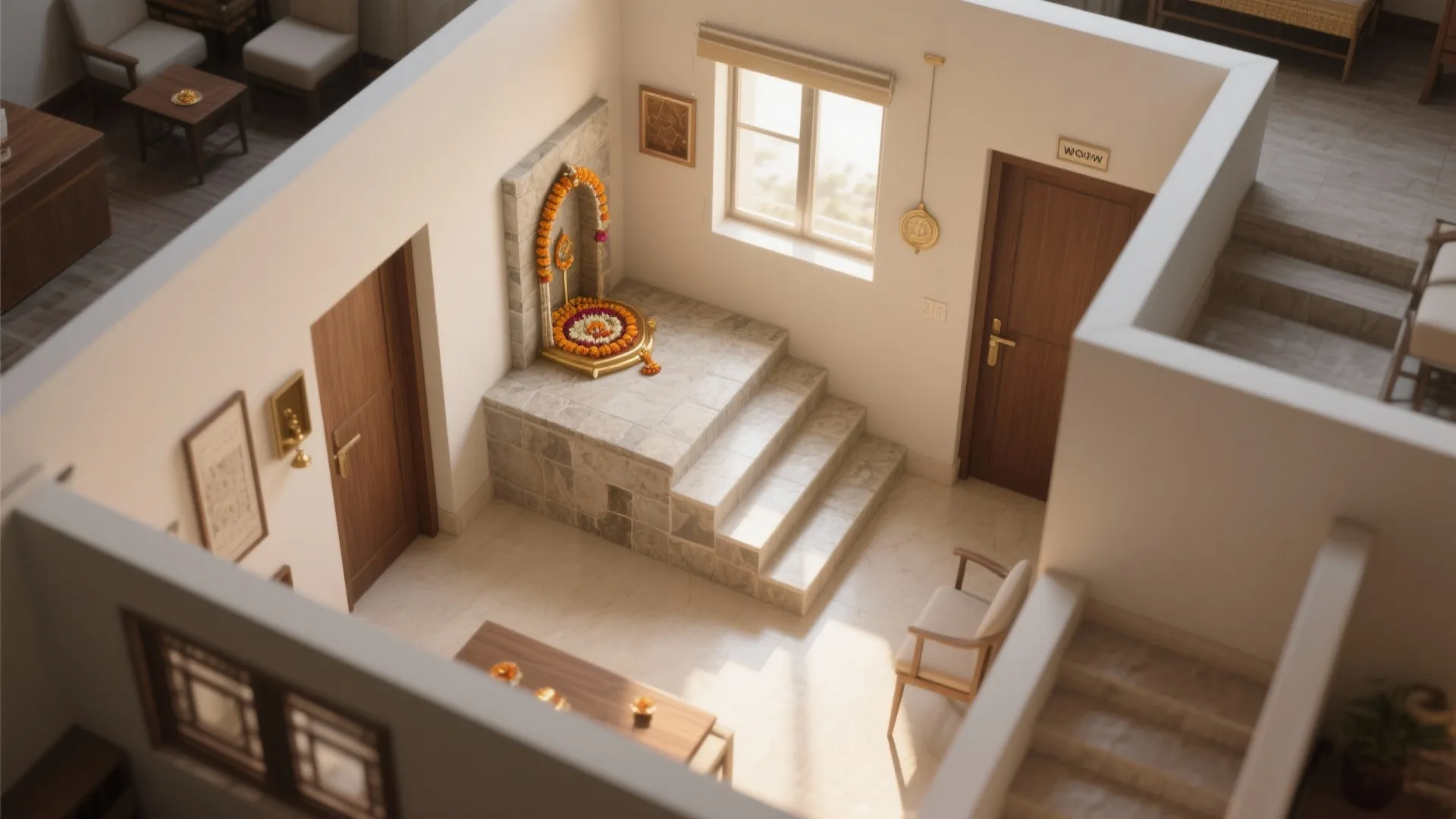 Top view of house interior design with small prayer room white walls and wooden doors