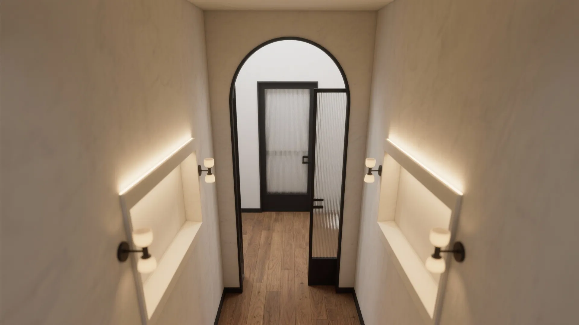 Modern hallway with wooden floor and arched doorway plus warm wall lights and glass door