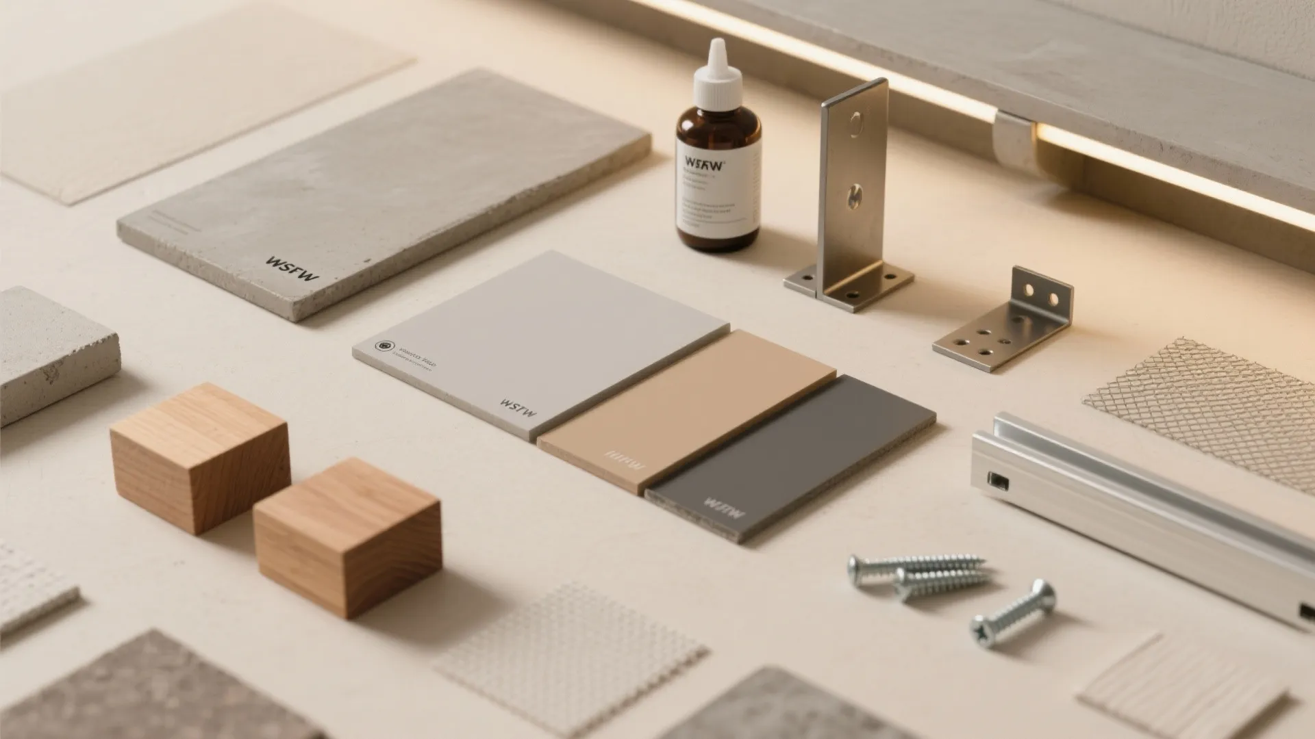 Collection of interior design material samples including wood blocks metal brackets and various colored tiles