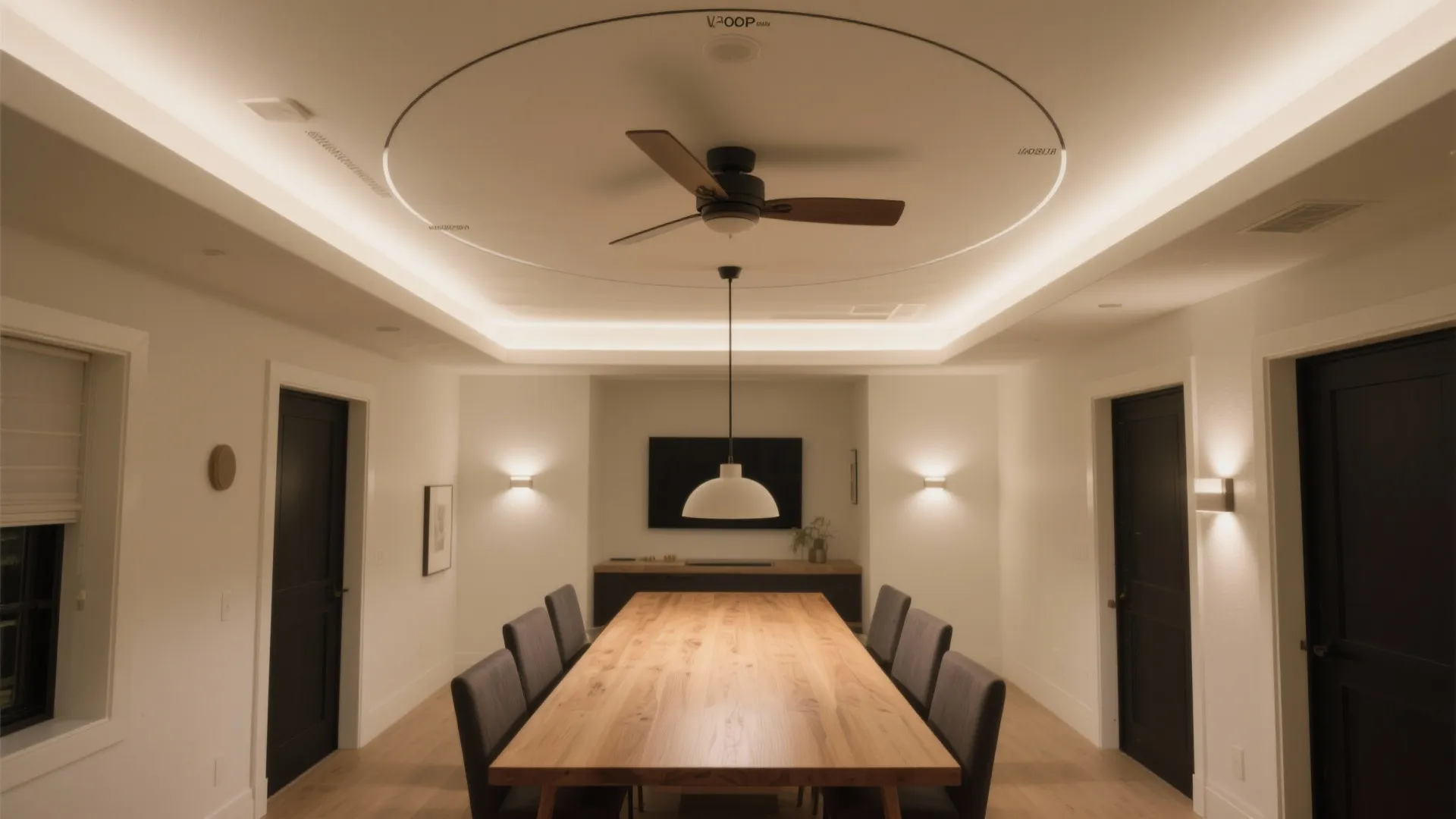 Top-down view of a dining table with ceiling lighting zones, cove glow, pendant, and fan clearance arcs shown without labels.